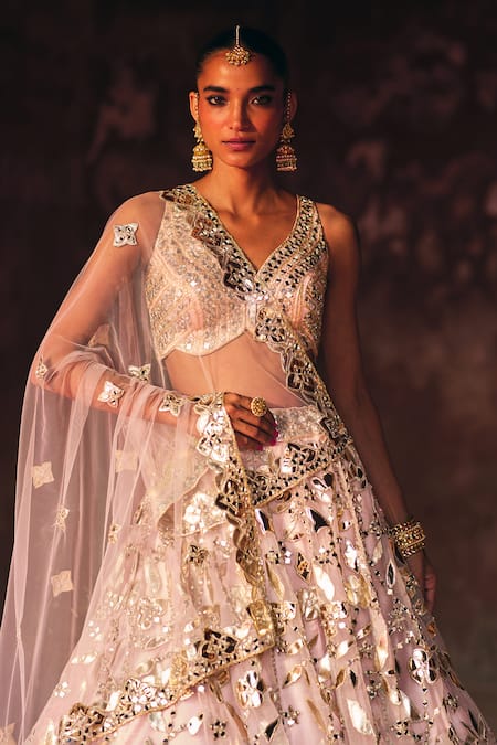 Shop_Angad Singh_Pink Organza Mirrors, Applique, Gota Patti V-neck Bridal Lehenga Set _Online_at_Aza_Fashions