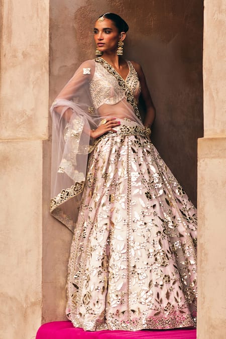 Angad Singh_Pink Organza Mirrors, Applique, Gota Patti V-neck Bridal Lehenga Set _at_Aza_Fashions