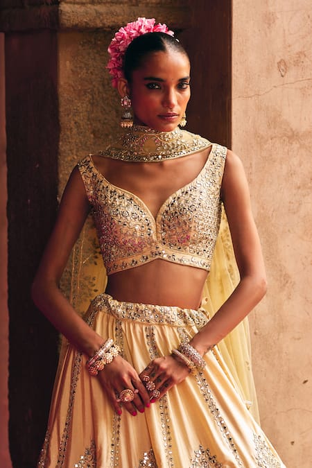 Angad Singh_Gold Silk Mirrors, Zari, Gota Patti Champagne Raw Bridal Lehenga Set _Online_at_Aza_Fashions