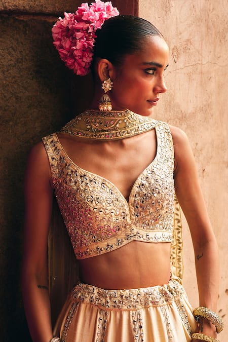 Buy_Angad Singh_Gold Silk Mirrors, Zari, Gota Patti Champagne Raw Bridal Lehenga Set _Online_at_Aza_Fashions