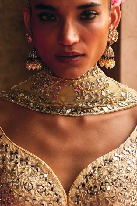 Shop_Angad Singh_Gold Silk Mirrors, Zari, Gota Patti Champagne Raw Bridal Lehenga Set _Online_at_Aza_Fashions