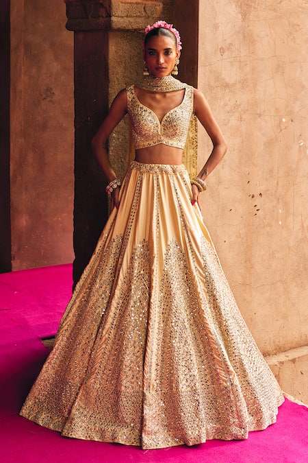Angad Singh Champagne Gold Raw Silk Bridal Lehenga Set 