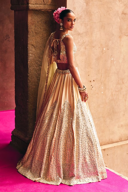 Angad Singh Champagne Gold Raw Silk Bridal Lehenga Set 