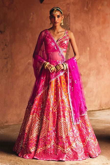 Angad Singh Rust Raw Silk Bridal Lehenga Set 