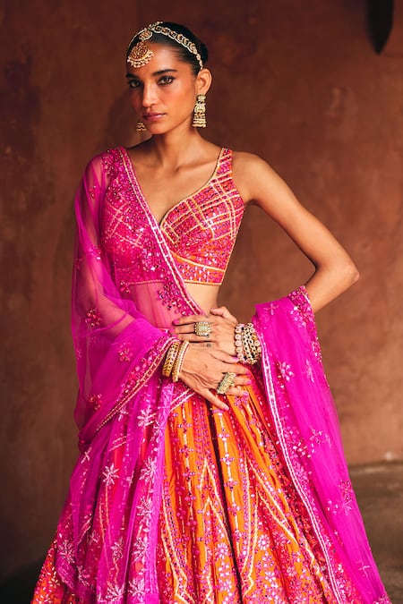 Angad Singh_Orange Silk Mirrors, Embroidery, Sequins V-neck Rust Raw Bridal Lehenga Set _Online_at_Aza_Fashions