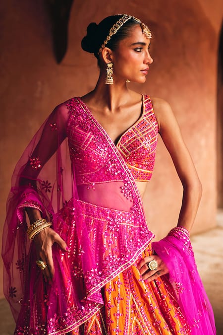Buy_Angad Singh_Orange Silk Mirrors, Embroidery, Sequins V-neck Rust Raw Bridal Lehenga Set _Online_at_Aza_Fashions