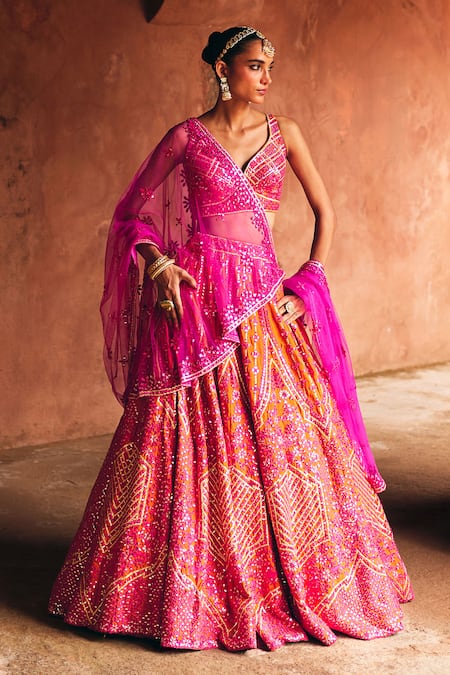 Shop_Angad Singh_Orange Silk Mirrors, Embroidery, Sequins V-neck Rust Raw Bridal Lehenga Set _Online_at_Aza_Fashions