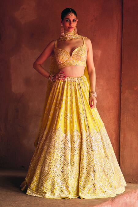 Buy_Angad Singh_Yellow Silk Mirrors, Embroidery Sweetheart Neck Raw Lehenga Set _Online_at_Aza_Fashions