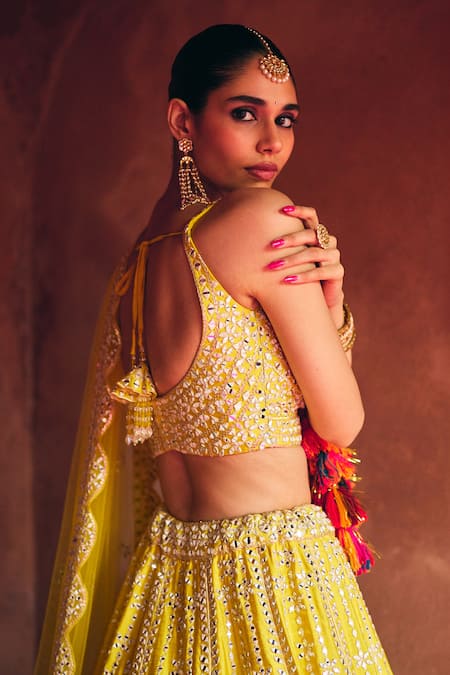 Shop_Angad Singh_Yellow Silk Mirrors, Embroidery Sweetheart Neck Raw Lehenga Set _Online_at_Aza_Fashions