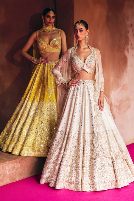 Angad Singh_Yellow Silk Mirrors, Embroidery Sweetheart Neck Raw Lehenga Set _at_Aza_Fashions