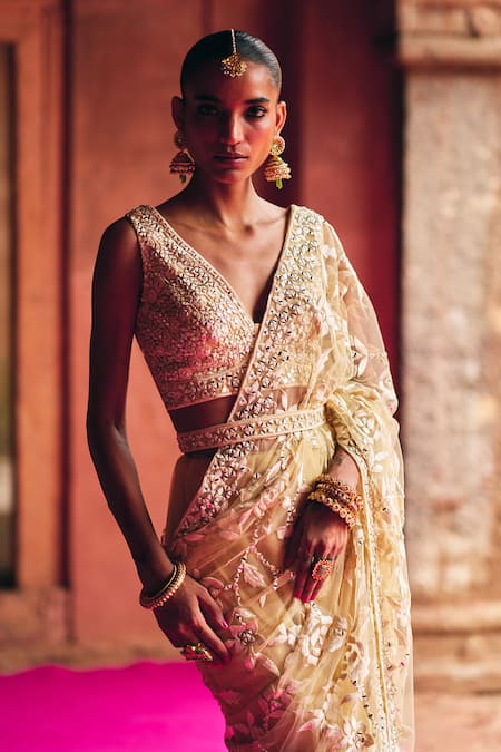Angad Singh_Beige Net Embroidery, Mirrors, Zari V-neck Saree With Blouse _Online_at_Aza_Fashions