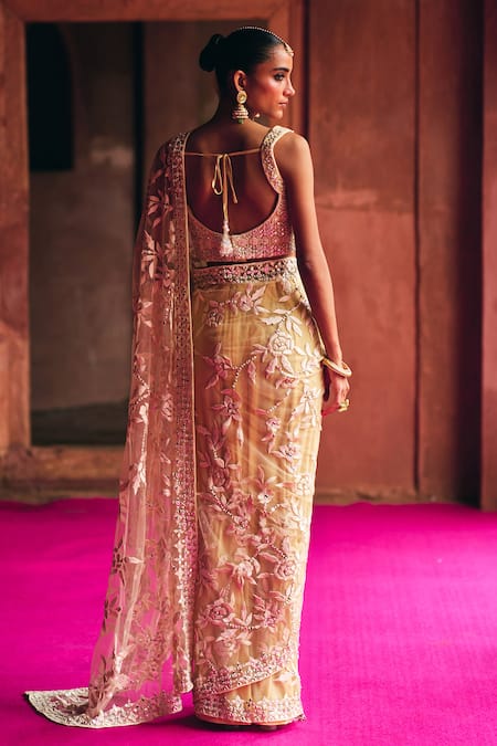 Angad Singh Beige Net Saree With Blouse 