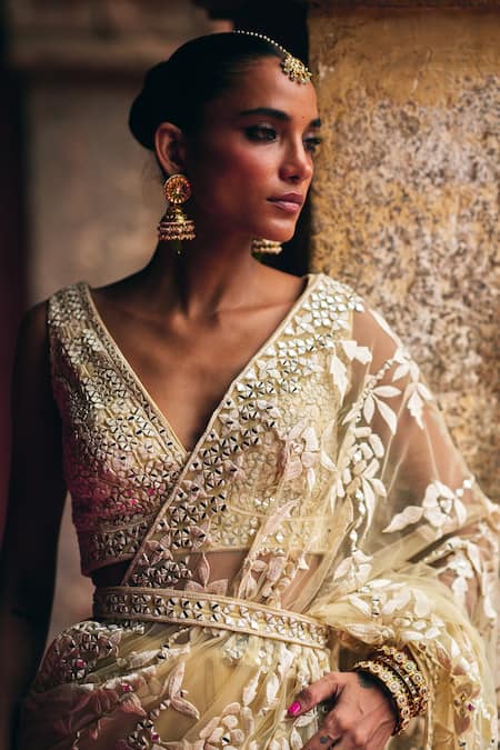 Buy_Angad Singh_Beige Net Embroidery, Mirrors, Zari V-neck Saree With Blouse _Online_at_Aza_Fashions