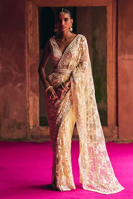 Angad Singh Beige Net Saree With Blouse 