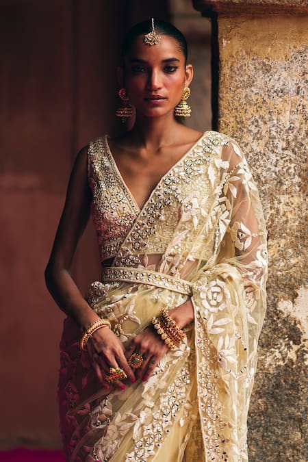 Shop_Angad Singh_Beige Net Embroidery, Mirrors, Zari V-neck Saree With Blouse _Online_at_Aza_Fashions