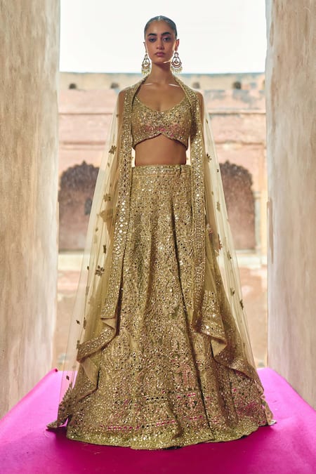Buy_Angad Singh_Gold Net Mirrors, Zari, Gota Patti, Embroidery Sweetheart Bridal Lehenga Set _Online_at_Aza_Fashions