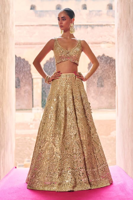 Shop_Angad Singh_Gold Net Mirrors, Zari, Gota Patti, Embroidery Sweetheart Bridal Lehenga Set _Online_at_Aza_Fashions