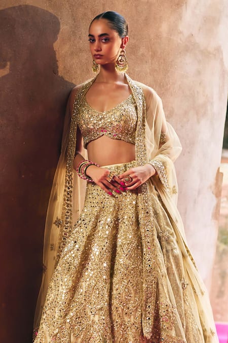 Angad Singh_Gold Net Mirrors, Zari, Gota Patti, Embroidery Sweetheart Bridal Lehenga Set _at_Aza_Fashions
