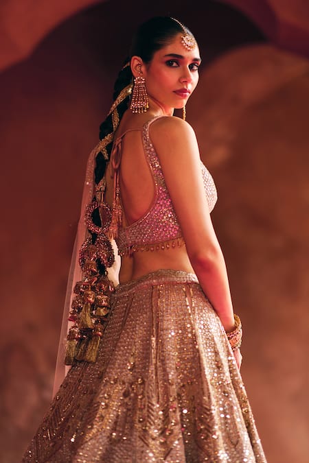 Angad Singh_Peach Organza Mirrors, Zari, Gota Patti, Embroidery V-neck Bridal Lehenga Set _Online_at_Aza_Fashions