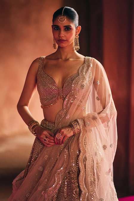 Buy_Angad Singh_Peach Organza Mirrors, Zari, Gota Patti, Embroidery V-neck Bridal Lehenga Set _Online_at_Aza_Fashions