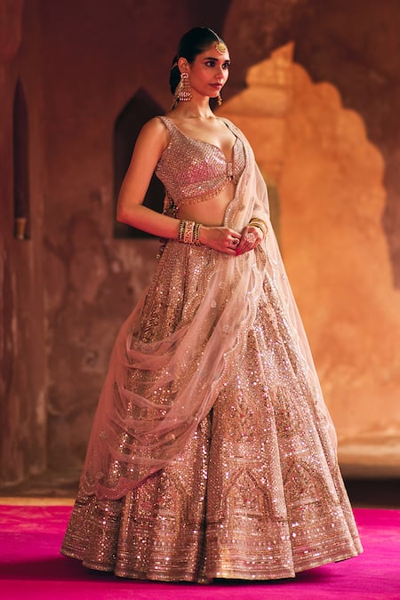 Angad Singh_Peach Organza Mirrors, Zari, Gota Patti, Embroidery V-neck Bridal Lehenga Set _at_Aza_Fashions