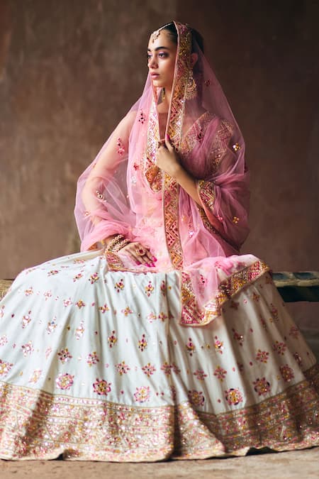 Shop_Angad Singh_Ivory Silk, Net Mirrors, Zari, Embroidery Sweetheart Raw Bridal Lehenga Set _Online_at_Aza_Fashions