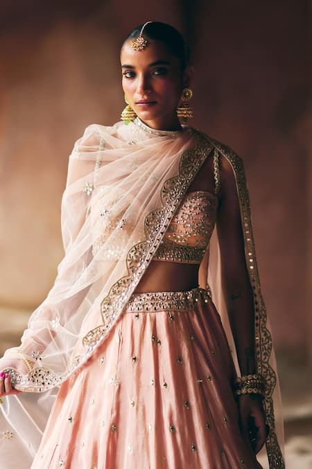 Angad Singh_Peach Tissue Mirrors, Zari, Gota Patti, Embroidery Sweetheart Neck Lehenga Set _Online_at_Aza_Fashions