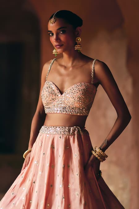 Buy_Angad Singh_Peach Tissue Mirrors, Zari, Gota Patti, Embroidery Sweetheart Neck Lehenga Set _Online_at_Aza_Fashions