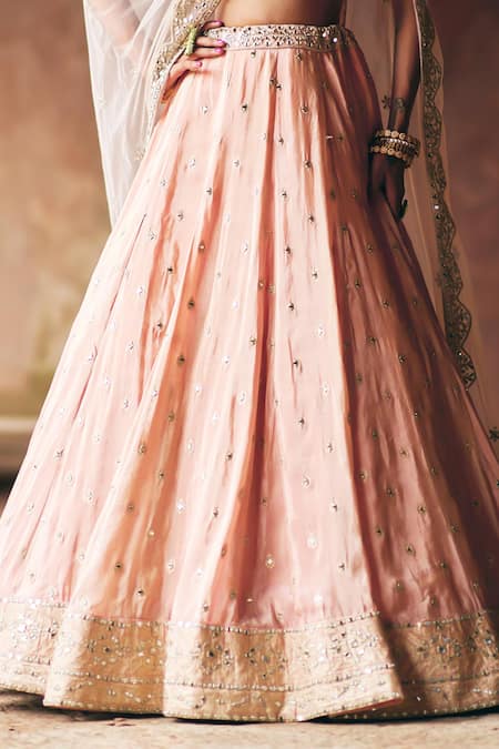 Shop_Angad Singh_Peach Tissue Mirrors, Zari, Gota Patti, Embroidery Sweetheart Neck Lehenga Set _Online_at_Aza_Fashions