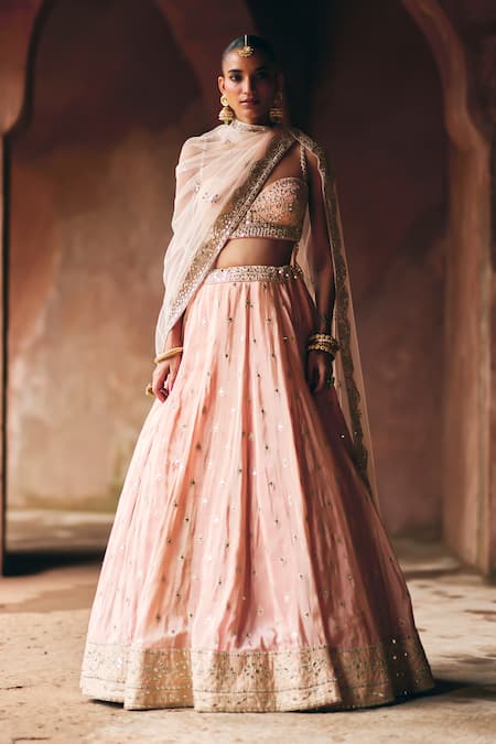 Angad Singh_Peach Tissue Mirrors, Zari, Gota Patti, Embroidery Sweetheart Neck Lehenga Set _at_Aza_Fashions