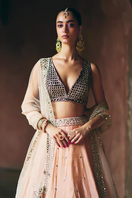 Angad Singh_Peach Tissue, Net Mirrors, Embroidery V-neck Lehenga Set _Online_at_Aza_Fashions