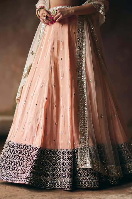 Shop_Angad Singh_Peach Tissue, Net Mirrors, Embroidery V-neck Lehenga Set _Online_at_Aza_Fashions