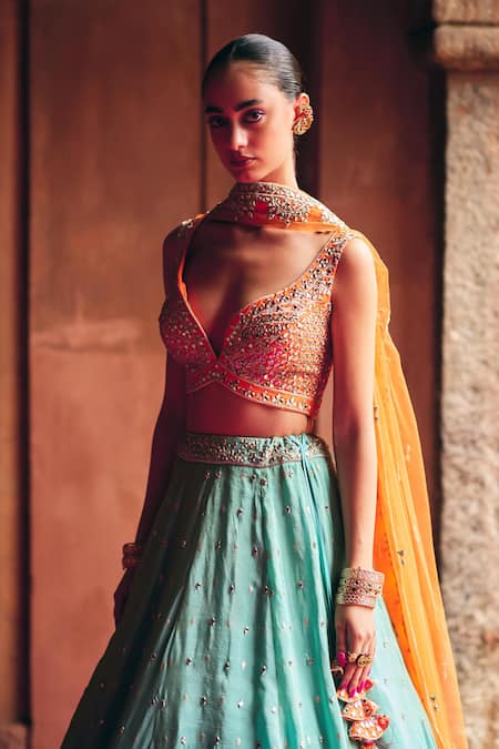 Angad Singh Aqua Tissue Mirrors, Embroidery V-neck Lehenga Set Online at Aza Fashions Angad Singh_Aqua Tissue Mirrors, Embroidery V-neck Lehenga Set _Online_at_Aza_Fashions