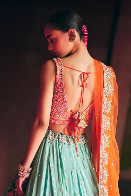 Buy Angad Singh Aqua Tissue Mirrors, Embroidery V-neck Lehenga Set Online at Aza Fashions Buy_Angad Singh_Aqua Tissue Mirrors, Embroidery V-neck Lehenga Set _Online_at_Aza_Fashions