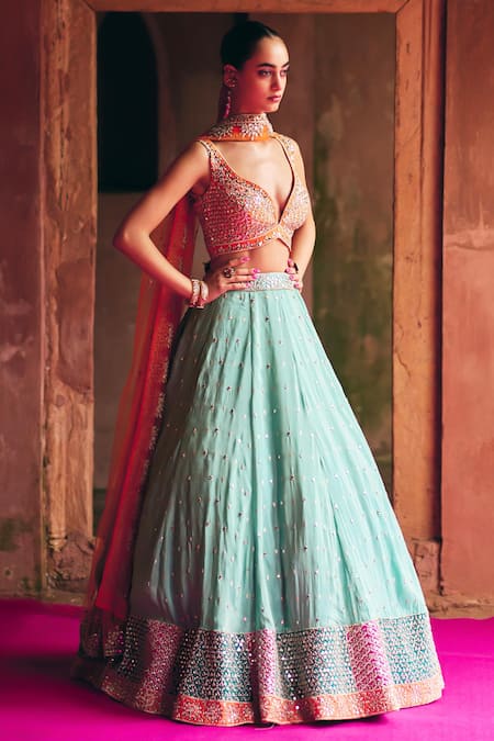 Shop Angad Singh Aqua Tissue Mirrors, Embroidery V-neck Lehenga Set Online at Aza Fashions Shop_Angad Singh_Aqua Tissue Mirrors, Embroidery V-neck Lehenga Set _Online_at_Aza_Fashions
