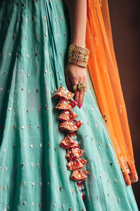 Buy Angad Singh Aqua Tissue Mirrors, Embroidery V-neck Lehenga Set Buy_Angad Singh_Aqua Tissue Mirrors, Embroidery V-neck Lehenga Set