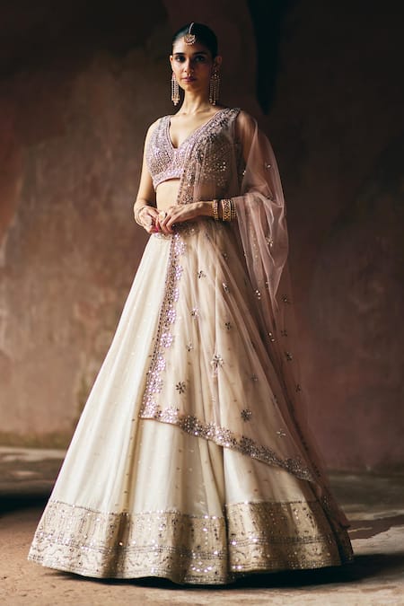 Shop Angad Singh Gold Tissue, Net Mirrors, Gota Patti, Embroidery V-neck Lehenga Set Online at Aza Fashions Shop_Angad Singh_Gold Tissue, Net Mirrors, Gota Patti, Embroidery V-neck Lehenga Set _Online_at_Aza_Fashions
