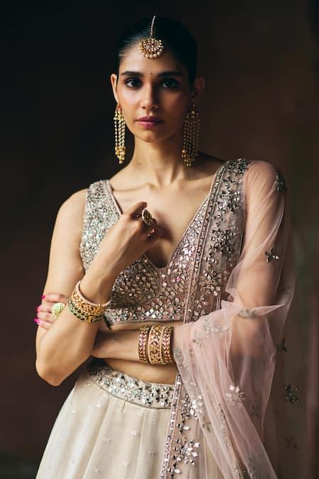 Angad Singh Gold Tissue, Net Mirrors, Gota Patti, Embroidery V-neck Lehenga Set at Aza Fashions Angad Singh_Gold Tissue, Net Mirrors, Gota Patti, Embroidery V-neck Lehenga Set _at_Aza_Fashions