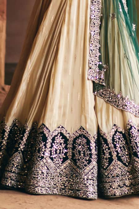 Buy_Angad Singh_Gold Tissue, Net Mirrors, Embroidery, Sequins Sweetheart Neck Lehenga Set _Online_at_Aza_Fashions