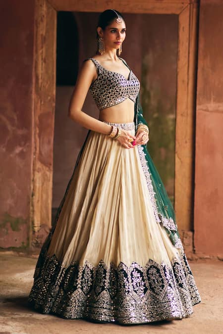 Shop_Angad Singh_Gold Tissue, Net Mirrors, Embroidery, Sequins Sweetheart Neck Lehenga Set _Online_at_Aza_Fashions