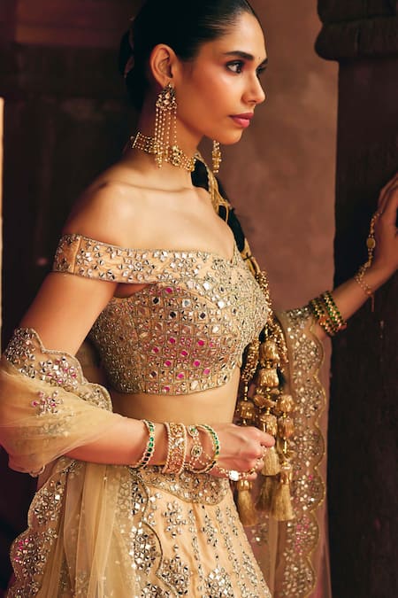 Buy_Angad Singh_Gold Organza Mirrors, Embroidery, Tassels Off-shoulder Bridal Lehenga Set _Online_at_Aza_Fashions