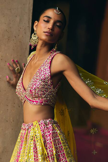Angad Singh_Multi Color Brocade, Net Mirrors, Zari, Gota Multicolor Raw Silk Lehenga Set _Online_at_Aza_Fashions