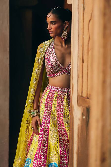 Buy_Angad Singh_Multi Color Brocade, Net Mirrors, Zari, Gota Multicolor Raw Silk Lehenga Set _Online_at_Aza_Fashions