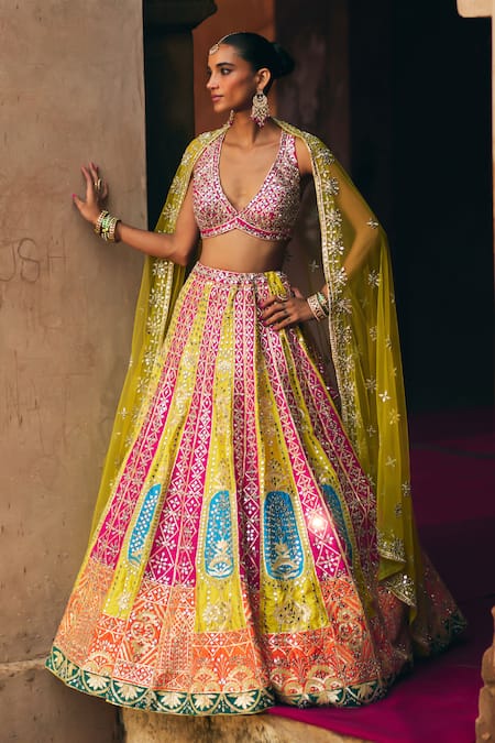 Shop_Angad Singh_Multi Color Brocade, Net Mirrors, Zari, Gota Multicolor Raw Silk Lehenga Set _Online_at_Aza_Fashions