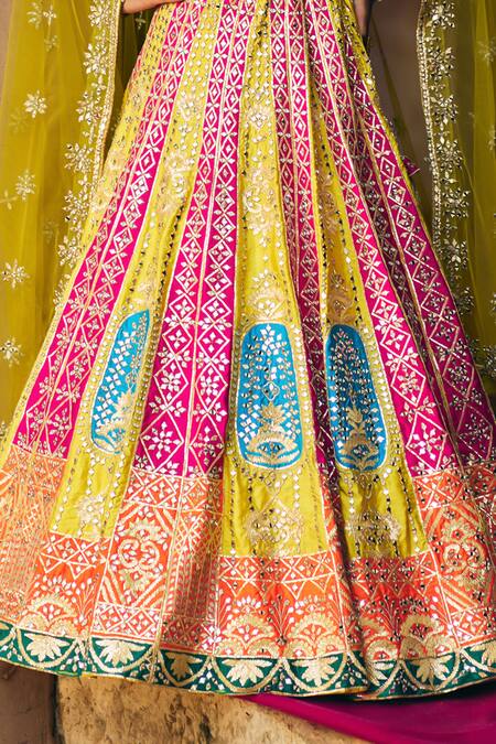 Angad Singh_Multi Color Brocade, Net Mirrors, Zari, Gota Multicolor Raw Silk Lehenga Set _at_Aza_Fashions
