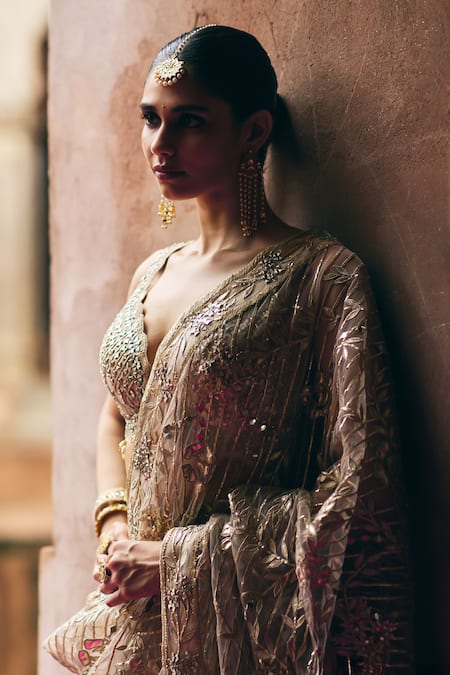 Angad Singh_Rose Gold Net Embroidery, Mirrors, Sequins, Crystals V-neck Saree With Blouse _Online_at_Aza_Fashions