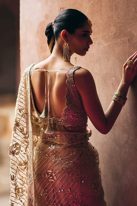 Buy_Angad Singh_Rose Gold Net Embroidery, Mirrors, Sequins, Crystals V-neck Saree With Blouse _Online_at_Aza_Fashions