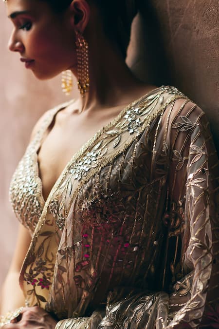 Shop_Angad Singh_Rose Gold Net Embroidery, Mirrors, Sequins, Crystals V-neck Saree With Blouse _Online_at_Aza_Fashions
