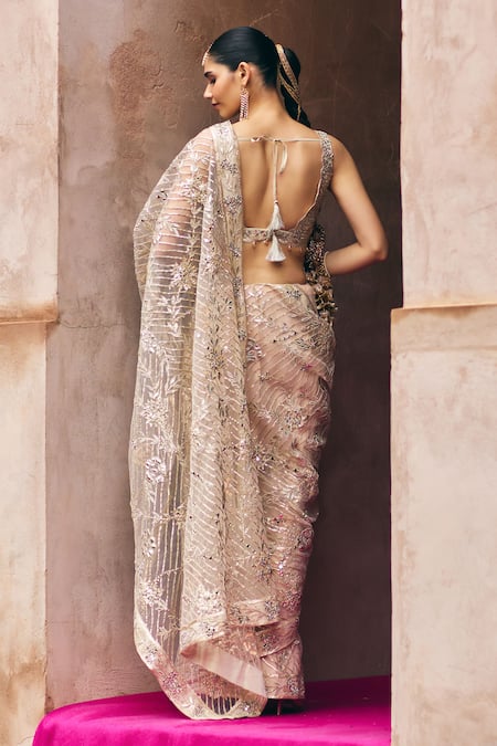 Angad Singh Rose Gold Net Saree With Blouse 