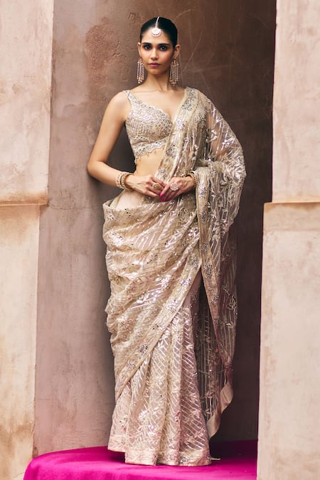 Angad Singh Rose Gold Net Saree With Blouse 